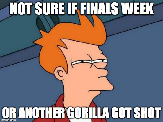 Futurama Fry | NOT SURE IF FINALS WEEK; OR ANOTHER GORILLA GOT SHOT | image tagged in memes,futurama fry | made w/ Imgflip meme maker