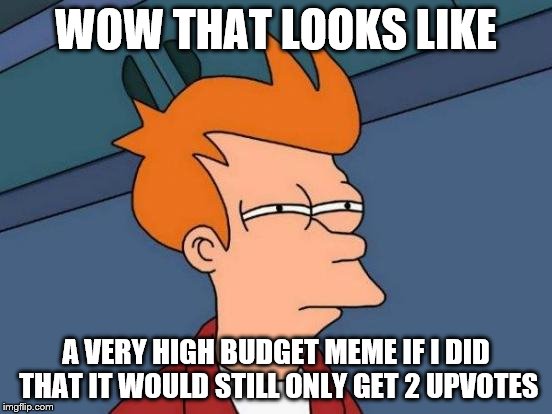 Futurama Fry Meme | WOW THAT LOOKS LIKE A VERY HIGH BUDGET MEME IF I DID THAT IT WOULD STILL ONLY GET 2 UPVOTES | image tagged in memes,futurama fry | made w/ Imgflip meme maker