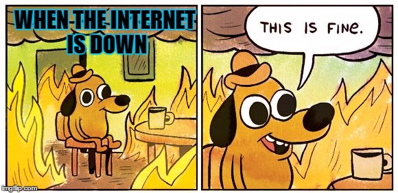 This Is Fine | WHEN THE INTERNET IS DOWN | image tagged in this is fine dog | made w/ Imgflip meme maker