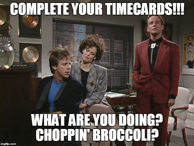 COMPLETE YOUR TIMECARDS!!! WHAT ARE YOU DOING? CHOPPIN' BROCCOLI? | image tagged in snl | made w/ Imgflip meme maker
