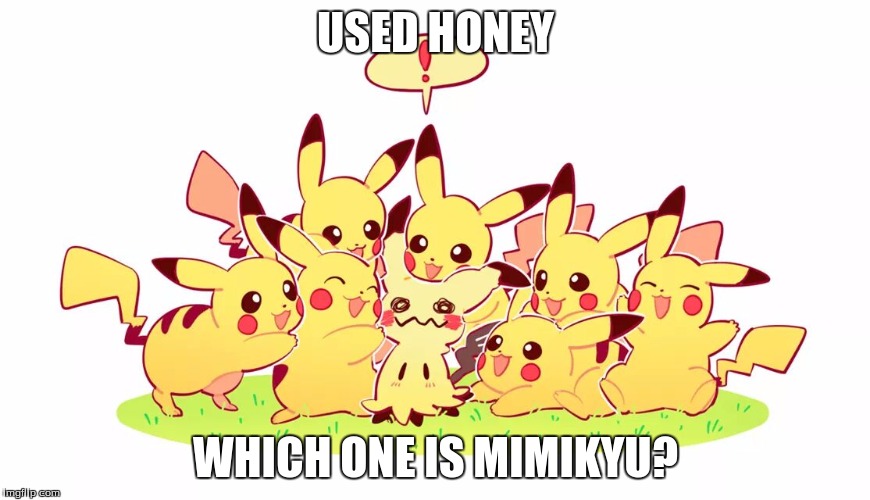 USED HONEY; WHICH ONE IS MIMIKYU? | image tagged in pokemon,pikachu | made w/ Imgflip meme maker