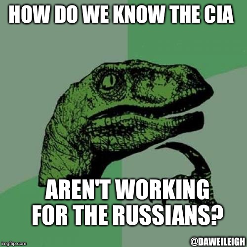 Philosoraptor | HOW DO WE KNOW THE CIA; AREN'T WORKING FOR THE RUSSIANS? @DAWEILEIGH | image tagged in memes,philosoraptor | made w/ Imgflip meme maker