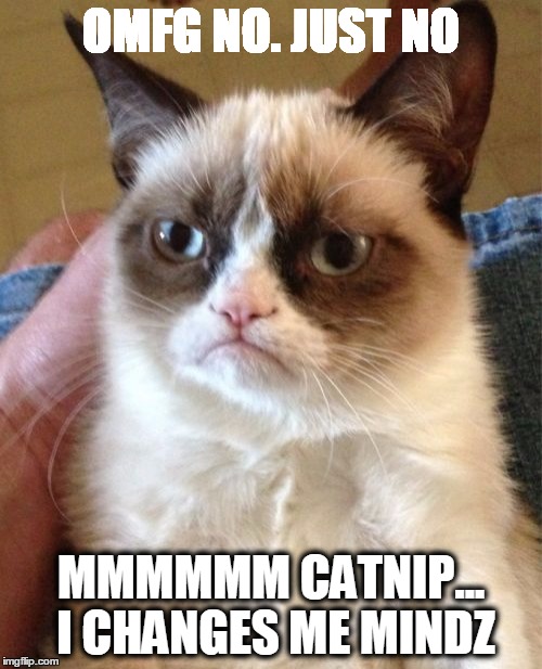 Grumpy Cat Meme | OMFG NO. JUST NO; MMMMMM CATNIP... I CHANGES ME MINDZ | image tagged in memes,grumpy cat | made w/ Imgflip meme maker