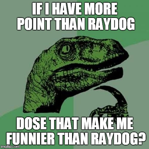 Philosoraptor | IF I HAVE MORE POINT THAN RAYDOG; DOSE THAT MAKE ME FUNNIER THAN RAYDOG? | image tagged in memes,philosoraptor | made w/ Imgflip meme maker