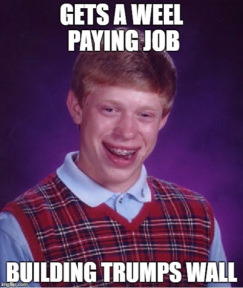 Bad Luck Brian | GETS A WEEL PAYING JOB; BUILDING TRUMPS WALL | image tagged in memes,bad luck brian | made w/ Imgflip meme maker