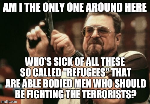 Refugees should be women and kids and the elderly only. You young men should stay and fight you cowards | AM I THE ONLY ONE AROUND HERE; WHO'S SICK OF ALL THESE SO CALLED "REFUGEES" THAT ARE ABLE BODIED MEN WHO SHOULD BE FIGHTING THE TERRORISTS? | image tagged in memes,am i the only one around here | made w/ Imgflip meme maker