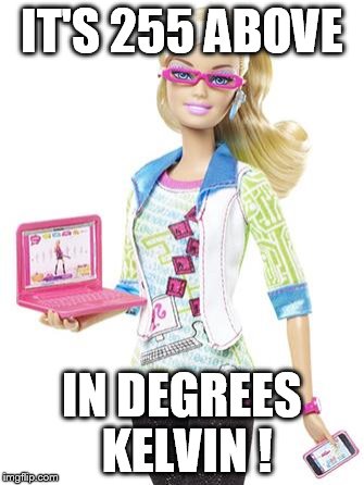 Barbie Computer Scientist | IT'S 255 ABOVE; IN DEGREES KELVIN ! | image tagged in barbie computer scientist | made w/ Imgflip meme maker