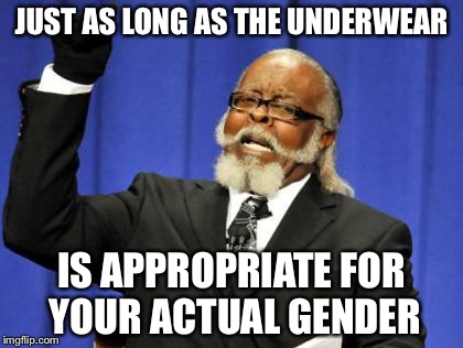 Too Damn High Meme | JUST AS LONG AS THE UNDERWEAR IS APPROPRIATE FOR YOUR ACTUAL GENDER | image tagged in memes,too damn high | made w/ Imgflip meme maker