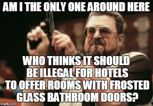 Am I The Only One Around Here Meme | AM I THE ONLY ONE AROUND HERE; WHO THINKS IT SHOULD BE ILLEGAL FOR HOTELS TO OFFER ROOMS WITH FROSTED GLASS BATHROOM DOORS? | image tagged in memes,am i the only one around here | made w/ Imgflip meme maker