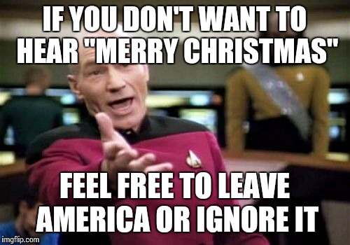 What's wrong with "MERRY CHRISTMAS"?  | IF YOU DON'T WANT TO HEAR "MERRY CHRISTMAS"; FEEL FREE TO LEAVE AMERICA OR IGNORE IT | image tagged in memes,picard wtf | made w/ Imgflip meme maker