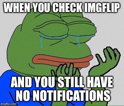 No Comments All Day D: | WHEN YOU CHECK IMGFLIP; AND YOU STILL HAVE NO NOTIFICATIONS | image tagged in crying pepe | made w/ Imgflip meme maker