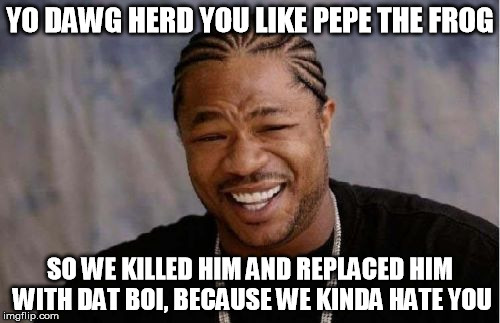 Yo Dawg Heard You Meme | YO DAWG HERD YOU LIKE PEPE THE FROG; SO WE KILLED HIM AND REPLACED HIM WITH DAT BOI, BECAUSE WE KINDA HATE YOU | image tagged in memes,yo dawg heard you,pepe the frog,sad pepe the frog,dat boi,where have our lives gone | made w/ Imgflip meme maker