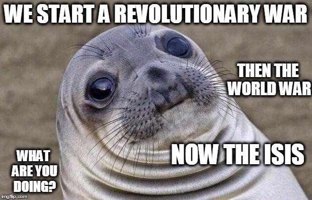 Awkward Moment Sealion | WE START A REVOLUTIONARY WAR; THEN THE WORLD WAR; NOW THE ISIS; WHAT ARE YOU DOING? | image tagged in memes,awkward moment sealion | made w/ Imgflip meme maker