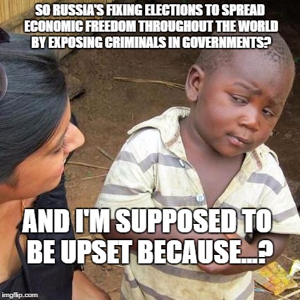 Third World Skeptical Kid | SO RUSSIA'S FIXING ELECTIONS TO SPREAD ECONOMIC FREEDOM THROUGHOUT THE WORLD BY EXPOSING CRIMINALS IN GOVERNMENTS? AND I'M SUPPOSED TO BE UPSET BECAUSE...? | image tagged in memes,third world skeptical kid | made w/ Imgflip meme maker