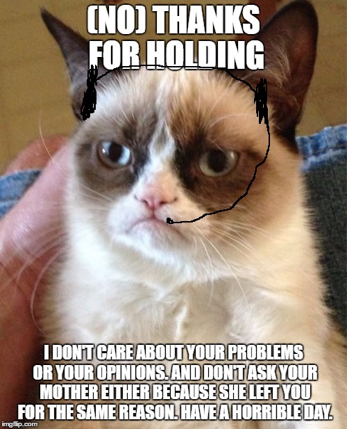 Grumpy Cat Customer Service Hotline | (NO) THANKS FOR HOLDING; I DON'T CARE ABOUT YOUR PROBLEMS OR YOUR OPINIONS. AND DON'T ASK YOUR MOTHER EITHER BECAUSE SHE LEFT YOU FOR THE SAME REASON. HAVE A HORRIBLE DAY. | image tagged in memes,grumpy cat,customer service,advice to negative and stupid commenters | made w/ Imgflip meme maker