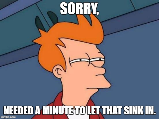 Futurama Fry Meme | SORRY, NEEDED A MINUTE TO LET THAT SINK IN. | image tagged in memes,futurama fry | made w/ Imgflip meme maker