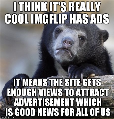 If the ads really bother you, you can get an imgflip pro account and help pay for the site that way... | I THINK IT'S REALLY COOL IMGFLIP HAS ADS; IT MEANS THE SITE GETS ENOUGH VIEWS TO ATTRACT ADVERTISEMENT WHICH IS GOOD NEWS FOR ALL OF US | image tagged in memes,confession bear | made w/ Imgflip meme maker