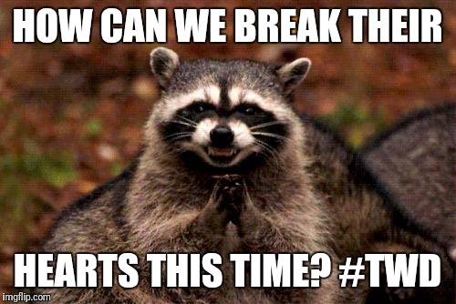 Evil Plotting Raccoon Meme | HOW CAN WE BREAK THEIR; HEARTS THIS TIME? #TWD | image tagged in memes,evil plotting raccoon | made w/ Imgflip meme maker