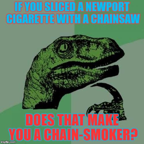 Philosoraptor | IF YOU SLICED A NEWPORT CIGARETTE WITH A CHAINSAW; DOES THAT MAKE YOU A CHAIN-SMOKER? | image tagged in memes,philosoraptor | made w/ Imgflip meme maker