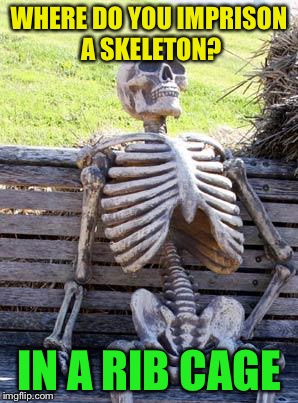 Waiting Skeleton | WHERE DO YOU IMPRISON A SKELETON? IN A RIB CAGE | image tagged in memes,waiting skeleton | made w/ Imgflip meme maker