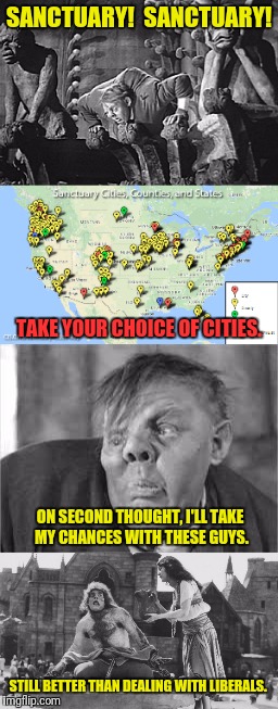 The Hunchback of Notre Dame, Indiana | SANCTUARY!  SANCTUARY! TAKE YOUR CHOICE OF CITIES. ON SECOND THOUGHT, I'LL TAKE MY CHANCES WITH THESE GUYS. STILL BETTER THAN DEALING WITH LIBERALS. | image tagged in sanctuary cities,the hunchback of notre dame | made w/ Imgflip meme maker