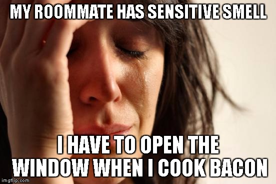 First World Problems | MY ROOMMATE HAS SENSITIVE SMELL; I HAVE TO OPEN THE WINDOW WHEN I COOK BACON | image tagged in memes,first world problems | made w/ Imgflip meme maker