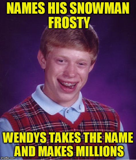 Bad Luck Brian Meme | NAMES HIS SNOWMAN FROSTY WENDYS TAKES THE NAME AND MAKES MILLIONS | image tagged in memes,bad luck brian | made w/ Imgflip meme maker