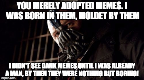 Permission Bane Meme | YOU MERELY ADOPTED MEMES. I WAS BORN IN THEM, MOLDET BY THEM; I DIDN'T SEE DANK MEMES UNTIL I WAS ALREADY A MAN, BY THEN THEY WERE NOTHING BUT BORING! | image tagged in memes,permission bane | made w/ Imgflip meme maker
