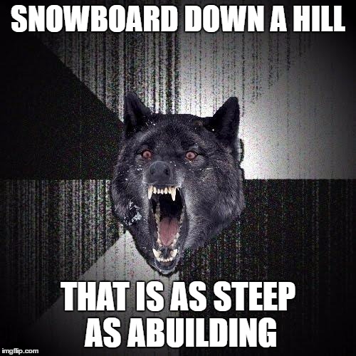 Insanity Wolf | SNOWBOARD DOWN A HILL; THAT IS AS STEEP AS ABUILDING | image tagged in memes,insanity wolf | made w/ Imgflip meme maker
