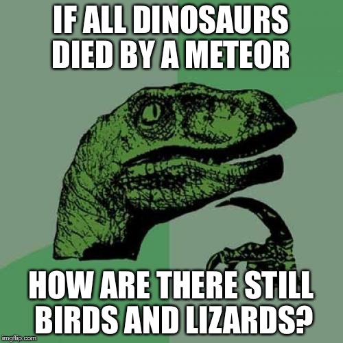 Philosoraptor Meme | IF ALL DINOSAURS DIED BY A METEOR; HOW ARE THERE STILL BIRDS AND LIZARDS? | image tagged in memes,philosoraptor | made w/ Imgflip meme maker