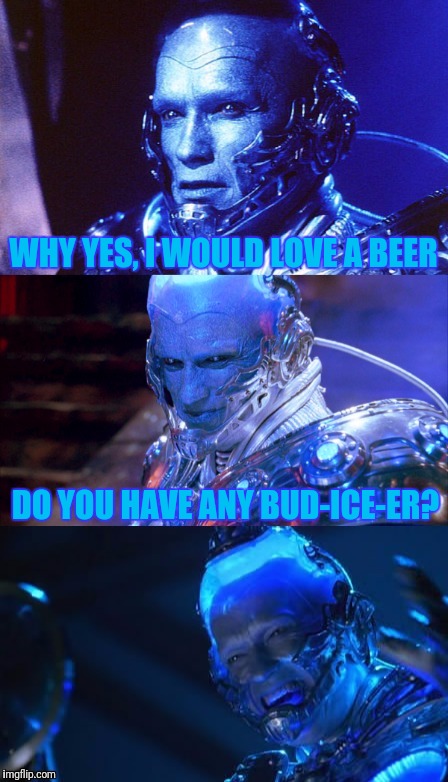 Bad pun Mr Freeze strikes again! | WHY YES, I WOULD LOVE A BEER; DO YOU HAVE ANY BUD-ICE-ER? | image tagged in bad pun mr freeze,puns,bad pun,memes,funny memes,skipp | made w/ Imgflip meme maker