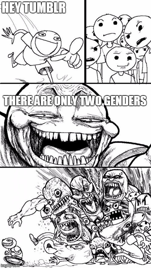 Hey Internet | HEY TUMBLR　; THERE ARE ONLY TWO GENDERS | image tagged in memes,hey internet | made w/ Imgflip meme maker