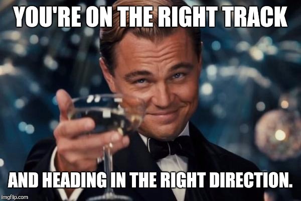 Leonardo Dicaprio Cheers Meme | YOU'RE ON THE RIGHT TRACK AND HEADING IN THE RIGHT DIRECTION. | image tagged in memes,leonardo dicaprio cheers | made w/ Imgflip meme maker