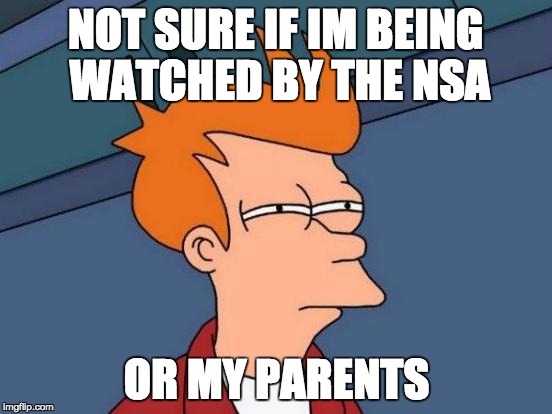 Futurama Fry Meme | NOT SURE IF IM BEING WATCHED BY THE NSA; OR MY PARENTS | image tagged in memes,futurama fry | made w/ Imgflip meme maker