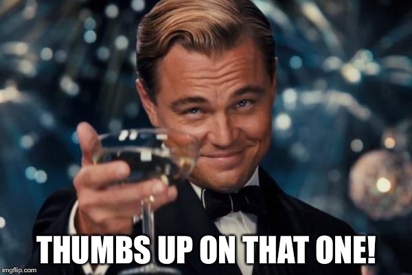 Leonardo Dicaprio Cheers Meme | THUMBS UP ON THAT ONE! | image tagged in memes,leonardo dicaprio cheers | made w/ Imgflip meme maker