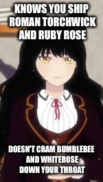 Good girl Blake | KNOWS YOU SHIP ROMAN TORCHWICK AND RUBY ROSE; DOESN'T CRAM BUMBLEBEE AND WHITEROSE DOWN YOUR THROAT | image tagged in rwby | made w/ Imgflip meme maker