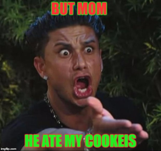 DJ Pauly D Meme | BUT MOM; HE ATE MY COOKEIS | image tagged in memes,dj pauly d | made w/ Imgflip meme maker