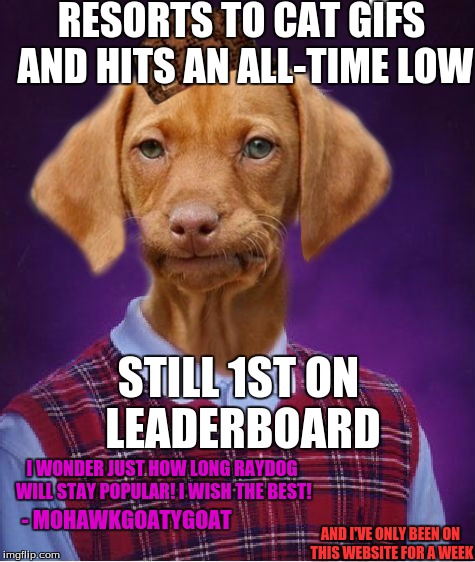 Bad Luck Raydog | RESORTS TO CAT GIFS AND HITS AN ALL-TIME LOW; STILL 1ST ON LEADERBOARD; I WONDER JUST HOW LONG RAYDOG WILL STAY POPULAR! I WISH THE BEST! - MOHAWKGOATYGOAT; AND I'VE ONLY BEEN ON THIS WEBSITE FOR A WEEK | image tagged in bad luck raydog,scumbag | made w/ Imgflip meme maker