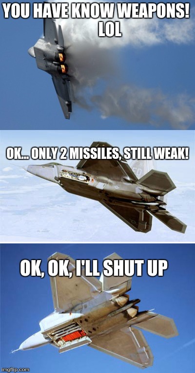 no weapons you say? | YOU HAVE KNOW WEAPONS!
        LOL; OK... ONLY 2 MISSILES, STILL WEAK! OK, OK, I'LL SHUT UP | image tagged in fighter jet,america,memes | made w/ Imgflip meme maker
