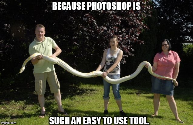 BECAUSE PHOTOSHOP IS; SUCH AN EASY TO USE TOOL. | image tagged in photoshop   fake,huge snake | made w/ Imgflip meme maker
