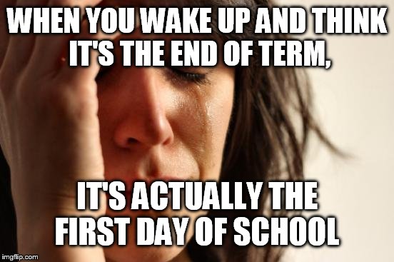 First World Problems Meme | WHEN YOU WAKE UP AND THINK IT'S THE END OF TERM, IT'S ACTUALLY THE FIRST DAY OF SCHOOL | image tagged in memes,first world problems | made w/ Imgflip meme maker