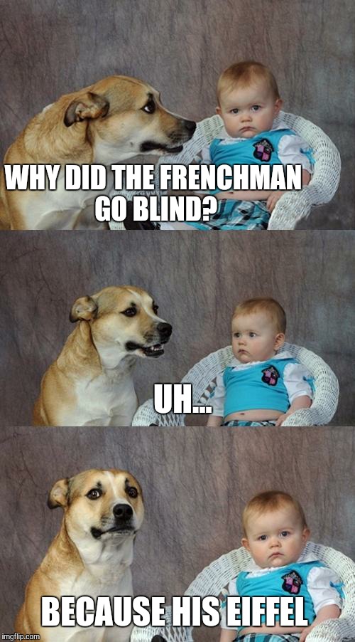 Dad Joke Dog | WHY DID THE FRENCHMAN GO BLIND? UH... BECAUSE HIS EIFFEL | image tagged in memes,dad joke dog | made w/ Imgflip meme maker