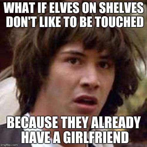 Touch Me and I will Call the Police | WHAT IF ELVES ON SHELVES DON'T LIKE TO BE TOUCHED; BECAUSE THEY ALREADY HAVE A GIRLFRIEND | image tagged in memes,conspiracy keanu,elf on the shelf,christmas | made w/ Imgflip meme maker