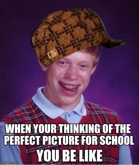 Bad Luck Brian | YOU BE LIKE; WHEN YOUR THINKING OF THE PERFECT PICTURE FOR SCHOOL | image tagged in memes,bad luck brian,scumbag | made w/ Imgflip meme maker
