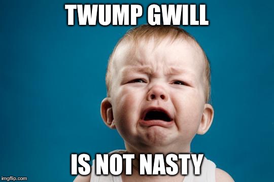 BABY CRYING | TWUMP GWILL; IS NOT NASTY | image tagged in baby crying | made w/ Imgflip meme maker