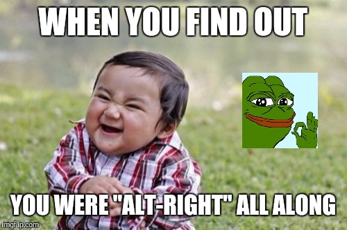 Evil Toddler Meme | WHEN YOU FIND OUT; YOU WERE "ALT-RIGHT" ALL ALONG | image tagged in memes,evil toddler | made w/ Imgflip meme maker