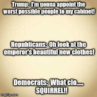 blank | Trump:  I'm gonna appoint the worst possible people to my cabinet! Republicans:  Oh look at the emperor's beautiful new clothes! Democrats:  What clo.....     SQUIRREL!! | image tagged in blank | made w/ Imgflip meme maker