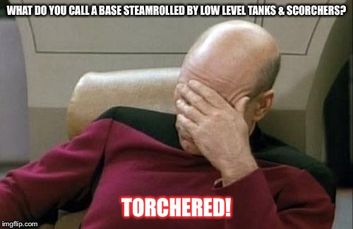 Captain Picard Facepalm Meme | WHAT DO YOU CALL A BASE STEAMROLLED BY LOW LEVEL TANKS & SCORCHERS? TORCHERED! | image tagged in memes,captain picard facepalm | made w/ Imgflip meme maker