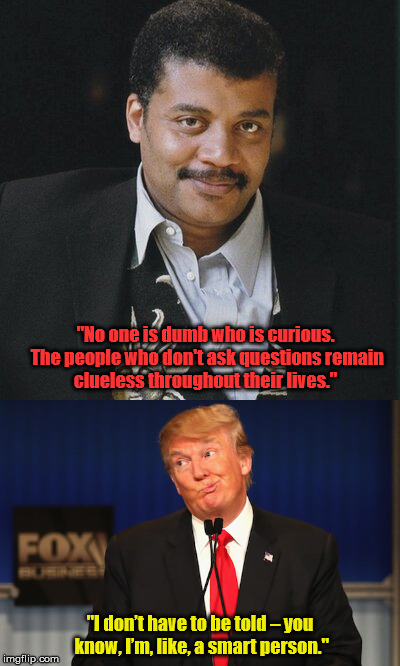 On Being Smart | "No one is dumb who is curious. The people who don't ask questions remain clueless throughout their lives."; "I don’t have to be told – you know, I’m, like, a smart person." | image tagged in trump,degrasse tyson,smart,dumb,election | made w/ Imgflip meme maker