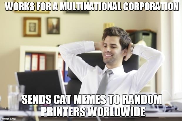 Happy Office Worker | WORKS FOR A MULTINATIONAL CORPORATION; SENDS CAT MEMES TO RANDOM PRINTERS WORLDWIDE | image tagged in happy office worker | made w/ Imgflip meme maker